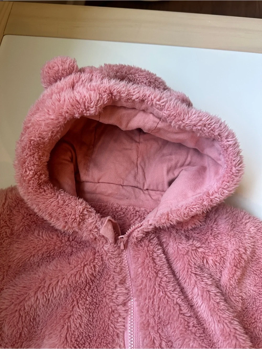 Pink Fleece Zip-up Footie Romper Winter Snowsuit with Bear Ear Hood 12-18m